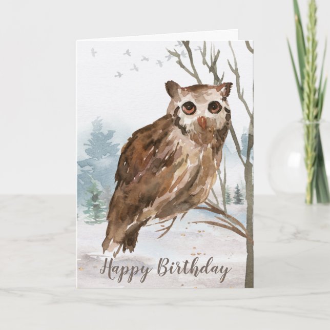 Happy Birthday Watercolor Owl Card (Front)