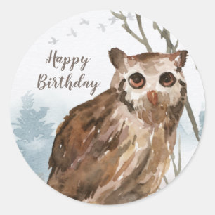 Happy Birthday Watercolor Owl Classic Round Sticker