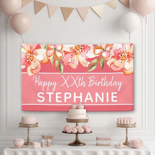 Happy Birthday - Watercolor Painted Flowers text Banner (Custom Birthday Banner)