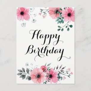 Happy Birthday Watercolor Pink Floral Postcard