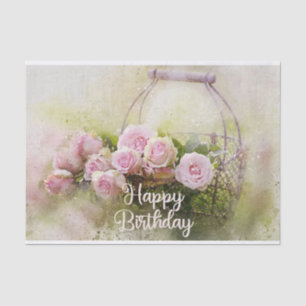 Happy Birthday Watercolor Pink Roses in a Basket Tissue Paper