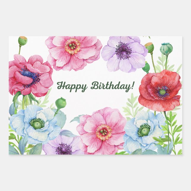 Happy Birthday Watercolor Poppy Flowers  Wrapping Paper Sheet (Front)