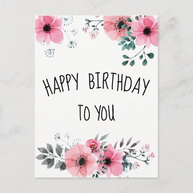Happy Birthday Watercolor Pretty Pink Floral Postcard (Front)