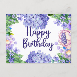 Happy Birthday Watercolor Purple Flowers  Postcard