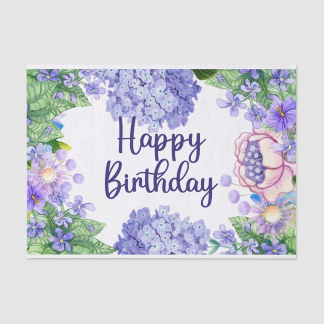 Happy Birthday Watercolor Purple Flowers  Tissue Paper (Front)
