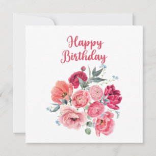 Happy Birthday Watercolor Red & Pink Flowers