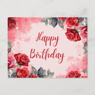Happy Birthday Watercolor Red Roses  Postcard
