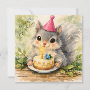 Happy Birthday Watercolor Squirrel with Cake Card