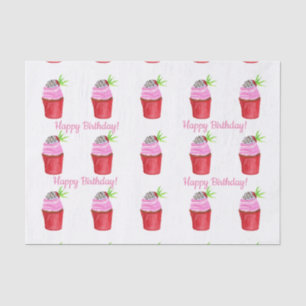 Happy Birthday Watercolor Strawberry Cupcake Tissue Paper