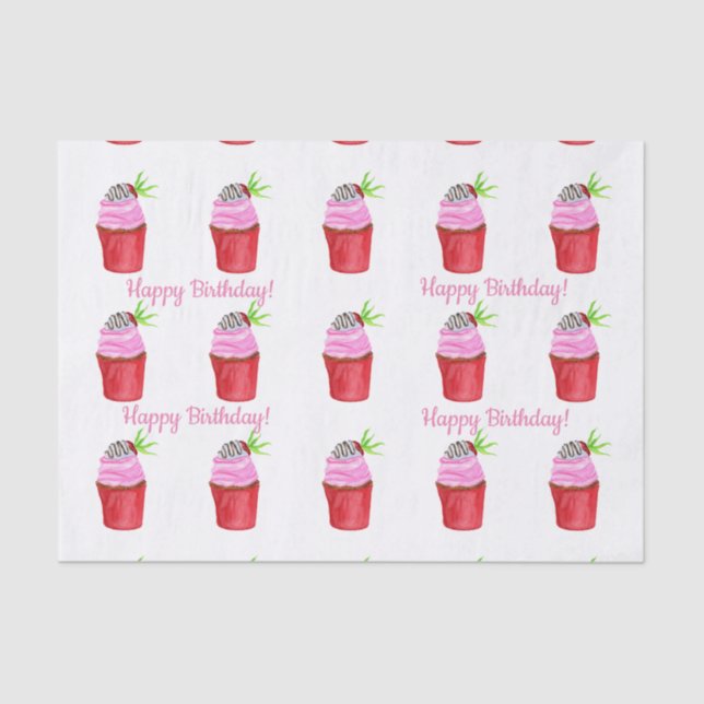 Happy Birthday Watercolor Strawberry Cupcake Tissue Paper (Front)