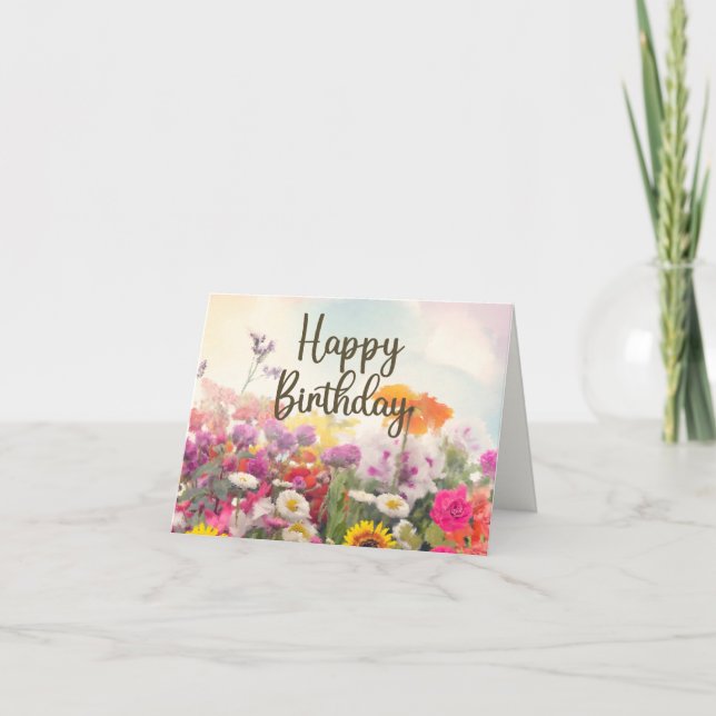 Happy Birthday Watercolor Summer Wildflowers  Card (Front)