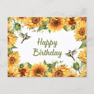 Happy Birthday Watercolor Sunflowers & Birds  Postcard