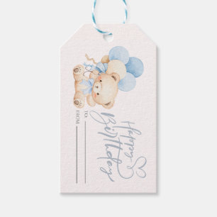 Happy Birthday Watercolor Teddy Bear Blue Sweet Gift Tags
