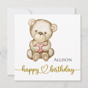 Happy Birthday Watercolor Teddy Bear Card
