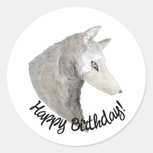 Happy Birthday Watercolor Wolf Classic Round Sticker