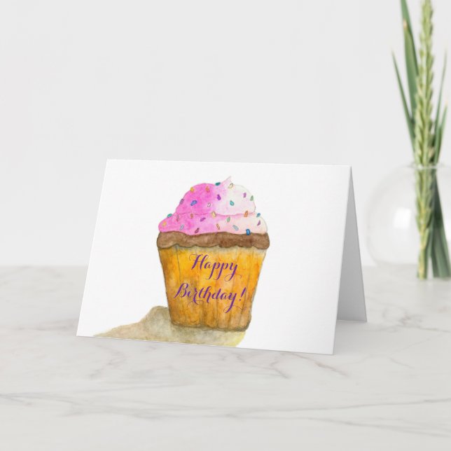 Happy Birthday Watercolors Pink Cupcake, Sprinkles Card (Front)