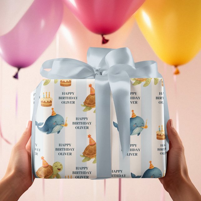 Happy Birthday Whale & Turtle  | Nautical Blue  Wrapping Paper (Creator Uploaded)