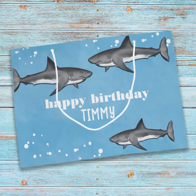 Happy Birthday Whimsical Blue Ocean Sharks Fun  Large Gift Bag (Creator Uploaded)