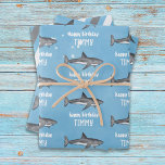 Happy Birthday Whimsical Blue Ocean Sharks Fun Wrapping Paper Sheet<br><div class="desc">This design features a happy birthday kids' child fun, a blue whimsical ocean shark animal, with wildlife wildlife marine fish, a sea Sealife water beach tropical, a cool unique watercolor blue water, a trendy stylish creative typography, a children's birthday party gift wrap, for kid's children's party supplies, shark fish wrapping...</div>