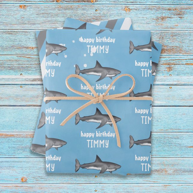 Happy Birthday Whimsical Blue Ocean Sharks Fun Wrapping Paper Sheet (Creator Uploaded)