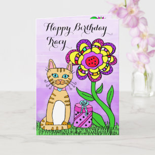 Happy Birthday Whimsical Cat and Flowers Card