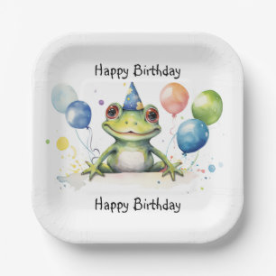 Happy Birthday Whimsical cute frog with balloons Paper Plate