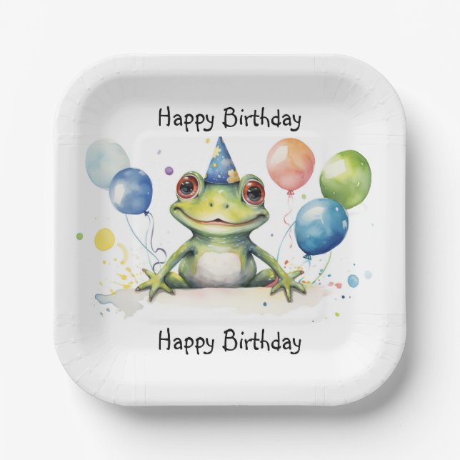 Happy Birthday Whimsical cute frog with balloons Paper Plate (Front)