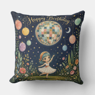 Happy Birthday Whimsical Disco Ball Girl Cushion
