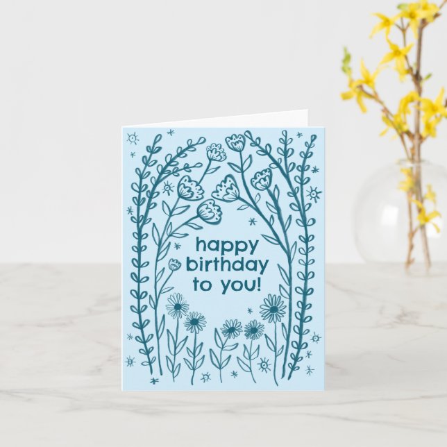Happy Birthday Whimsical Floral Sketch Doodle  Card (Yellow Flower)