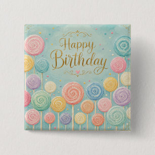 Happy Birthday Whimsical Watercolor Lollipops 15 Cm Square Badge