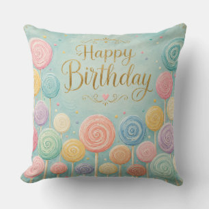 Happy Birthday Whimsical Watercolor Lollipops Cushion