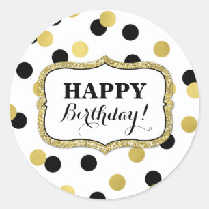 Happy Birthday White Black Gold Confetti Classic Round Sticker