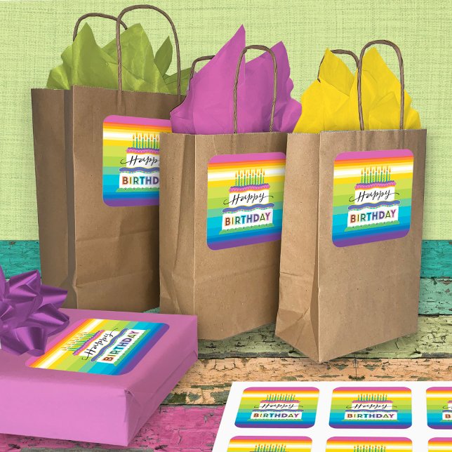 Happy Birthday White Cake Vibrant Coloured Icing Square Sticker (Creator Uploaded)