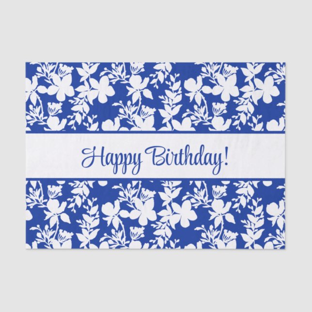 Happy Birthday White Floral on Blue Tissue Paper (Front)