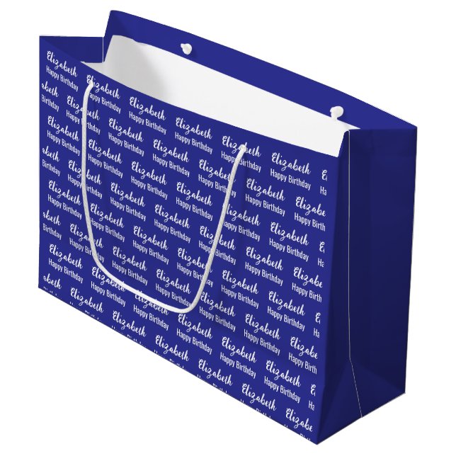 Happy Birthday White Script Name Blue Large Gift Bag (Front Angled)