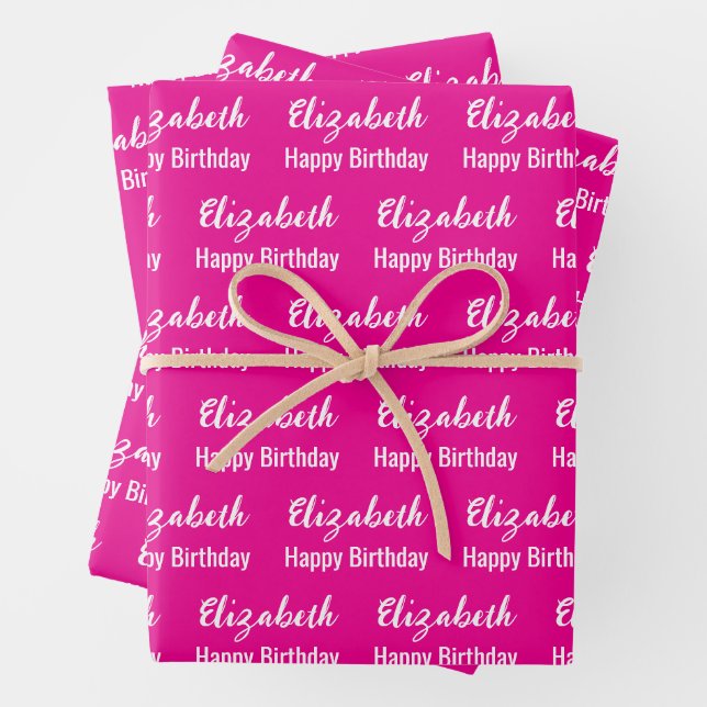 Happy Birthday White Script Name Hot Pink Wrapping Paper Sheet (In situ)