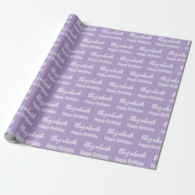 Happy Birthday White Script Name Pale Purple Wrapping Paper (Unrolled)