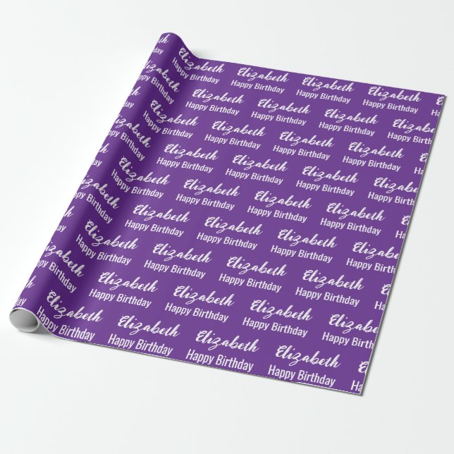 Happy Birthday White Script Name Royal Purple Wrapping Paper (Unrolled)
