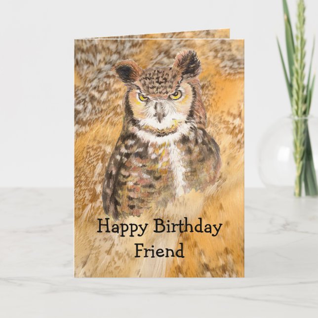 Happy Birthday Wild & Crazy Friend Watercolor Owl Card (Front)
