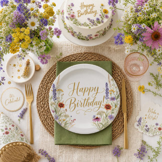Happy Birthday Wild Flowers Botanical Floral Paper Plate