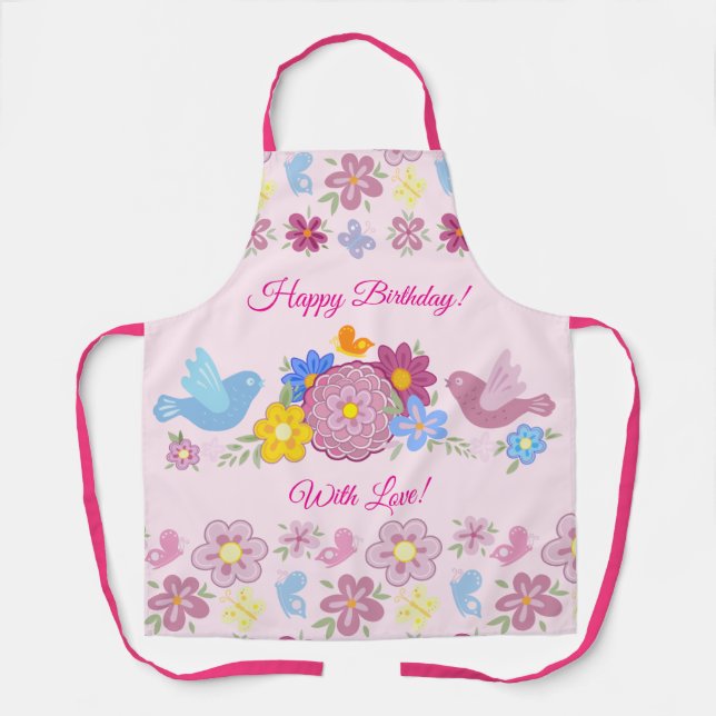 Happy Birthday Wild Flowers Garden Birds Pattern Apron (Front)