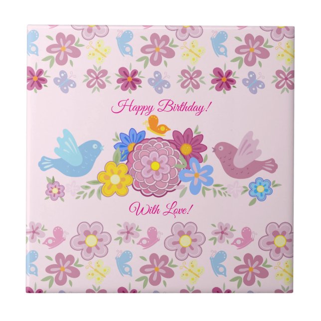 Happy Birthday Wild Flowers Garden Birds Pattern Ceramic Tile (Front)