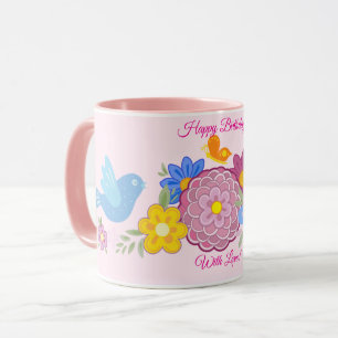 Happy Birthday Wild Flowers Garden Birds Pattern Mug