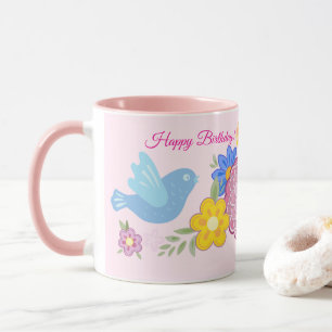 Happy Birthday Wild Flowers Garden Birds Pattern Mug