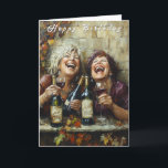 Happy Birthday Wine Bottles Funny Laughing Ladies  Card<br><div class="desc">Two women sitting at a table smiling and laughing. They each have a glass of wine and three bottles of wine. Funny Birthday card for friends, sisters, mother and daughter, grandmother. "If anyone calls you old on your birthday, don't worry about it, just hit them with your cane and throw...</div>