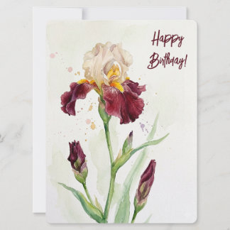 Happy birthday wine iris watercolour floral love holiday card