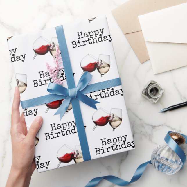 Happy Birthday Wine Toast On White Wrapping Paper (Gifting)