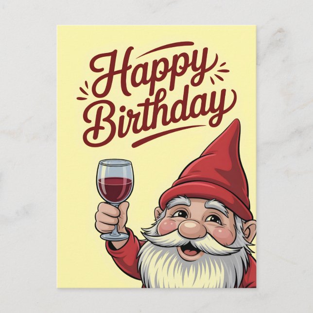 "Happy Birthday" Wine-Toasting Gnome Holiday Postcard (Front)