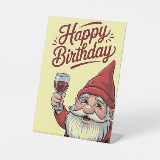 "Happy Birthday" Wine-Toasting Gnome Pedestal Sign