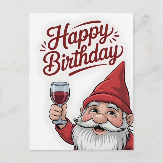 "Happy Birthday" Wine-Toasting Gnome Postcard (Front)